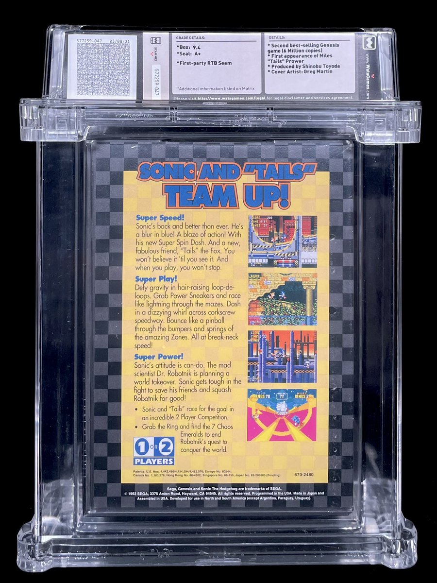 VideoGamePlugs's tweet photo. Morning Twitter Fam! Let’s start the day off with a classic! 
Sonic the Hedgehog 2 for Genesis
(WATA 9.4; A+ Seal)
📥 Asking $7,000
•
•
#Sonic #SonicTheHedgehog #Genesis #SegaGenesis #Sega #VideoGames #Games #Retro #RetroGaming #DonkeyKong #Atari #Nintendo https://t.co/qYZy4OZERC