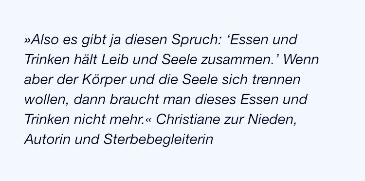 Einen Weg zu finden, selbstbestimmt zu sterben, ist in Deutschland gar nicht so einfach. Auf Essen und Trinken zu verzichten kann ein solcher Weg sein. Für die Zeitfragen habe ich ein Feature dazu gemacht. Mit @tolmein u.a. für <a href="/dlfkultur/">Deutschlandfunk Kultur</a> 
bit.ly/3xJtarN