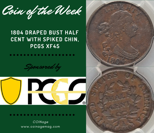 coinagemag's tweet photo. 1804 Draped Bust half cents offer several varieties, including the Spiked Chin, an amusing eccentricity that appears to show a sharp spike protruding from Miss Liberty's chin. Read more: https://t.co/Q7OXdwKls2 #1804DrapedBustHalfCent #SpikedChinVariety #CoinOfTheWeek #DieBreak https://t.co/4divTfM05I
