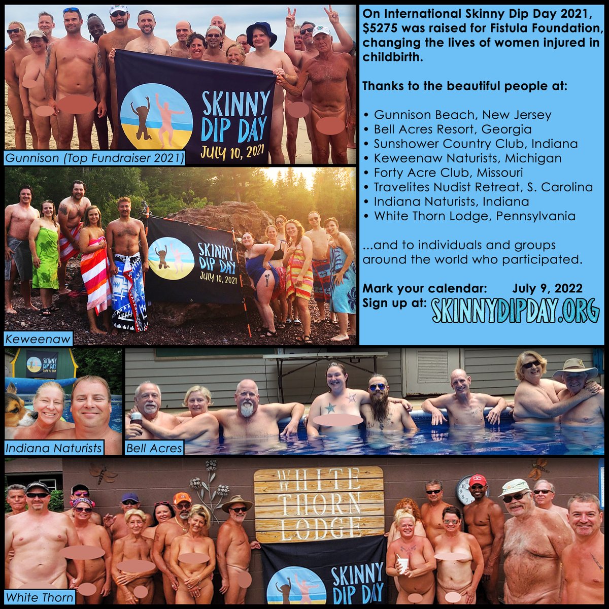 skinnydipday's tweet photo. We raised $5275 — that's 9 women cured of horrific childbirth injuries thru @Fistula_Fdtn.

❤️ to @IndianaNaturist @bellacresresort @whitethornlodge &amp; all — for making so meaningful.

Mark your calendar — July 9, 2022
Info: https://t.co/GNkx1kzx0A

#dippinonamission #skinnydipday https://t.co/k7z2uxNki4
