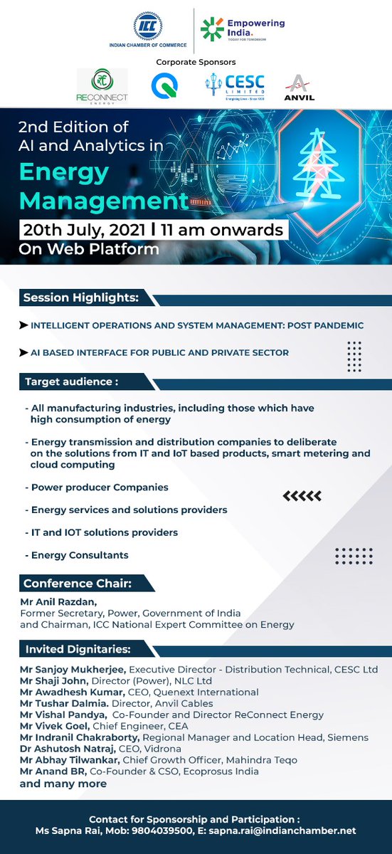 ICC_Chamber's tweet photo. Be a part of the revolution in Energy and the Ancillary Industries, where AI and Analytics are the Game changers.
Dated 20th July, 2021, 11am onwards.
Contact details:
Ms. Sapna Rai
M: 9804039509
E: sapna.rai@indianchamber.net
#AIandAnalytics #Energymanagement https://t.co/QudmRN8YoI