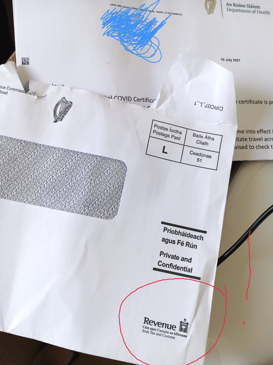 My #Covid-19 #VaccineCertificate arrived today. In an envelope from the Office of the #RevenueCommissioners, thus creating a state of #panic in me! Not very nice, @DonnellyStephen! A little #consideration was all was needed. Difficult enough to maintain good #MH these days.