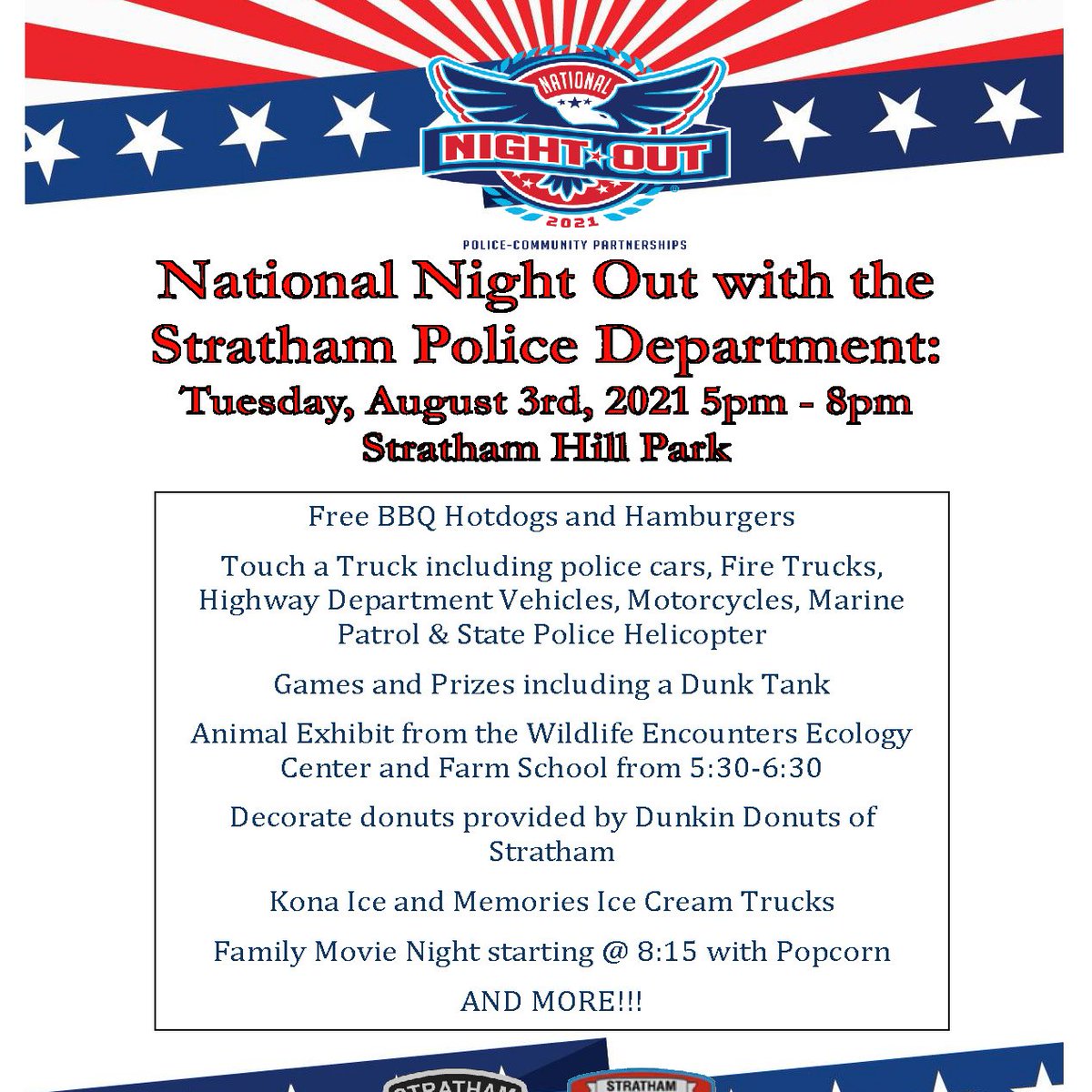 Get ready to hang out with us, @strathamfirerescue, Stratham Highway and so many more! We'll cook hamburgers and hot dogs for you, we'll let you dunk us in the dunk tank and we'll show you a movie with popcorn. We'll see you there on August 3rd.