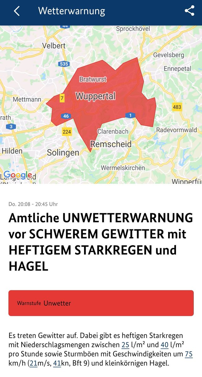 Unwetterwarnung mit Kartenabschnitt.