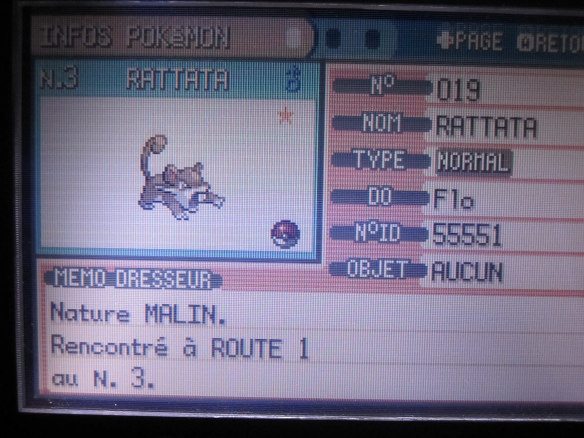 Rattata Shiny ✨obtenu le 2 janvier 2013 après environ 680 rencontres sur Vert Feuille 🍃 alors que ma cible était Roucool.. 50 - 50 mais ce fut lui !  #shinyhunter