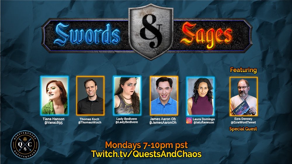 QuestsAndChaos's tweet photo. We are so excited to announce the launch of our latest show, Swords &amp; Sages Monday nights at 7pm pst https://t.co/z3LcRgEjxw #dnd #dungeonsanddragons #trepg #streamer #livestream. https://t.co/TarFfbMoYz