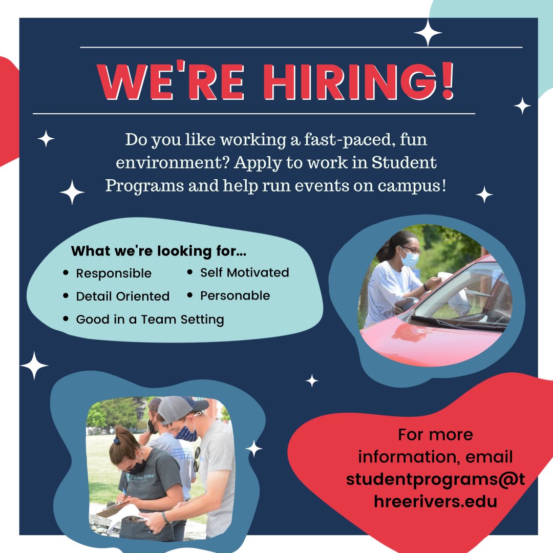 TRCCSPO's tweet photo. Are you looking for a part time position that balances with your classes or trying to get more involved on campus? Well you’re in luck, a position just opened up in our office! Please email studentprograms@threerivers.edu for more information! https://t.co/TqpzdOicSf