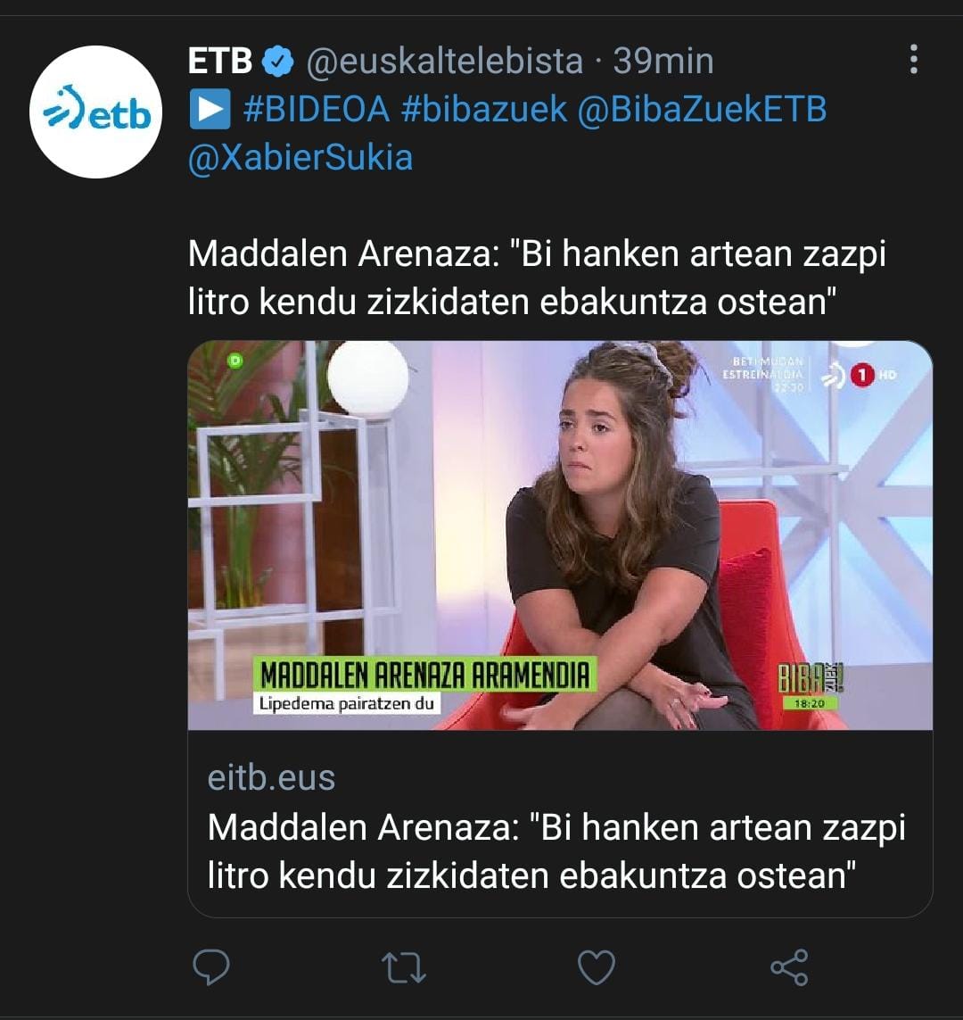 EUSKAL TELEBISTA.     Hoy, entrevista a Maddalen y Ana de AGADELPRISE en Biba Zuek EITB1  #agadelprise                              Gaur, EITB 1ean Buba zueken  Agadelpriseko Maddalen eta Anari elkarrizketa #lipedema #linfedema amp.eitb.eus/eu/telebista/p…