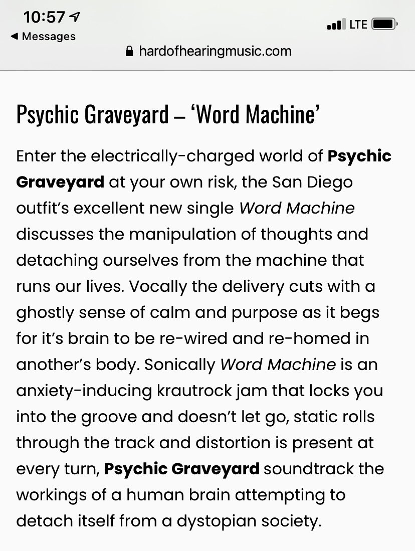 Huge thanks to @hardofhearingmusic for the incredibly thoughtful review of the latest Psychic Graveyard single, “Word Machine.”