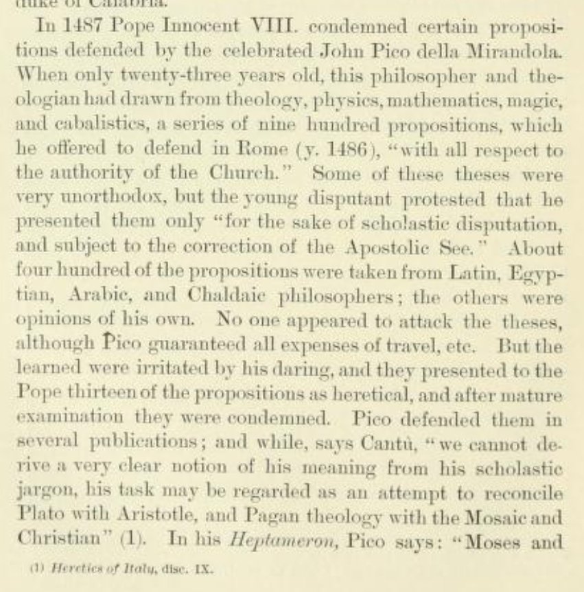 JustACatholic1's tweet image. On Pico della Mirandola, from "Studies in Church History" (1900) by Fr Reuben Parsons: "Who does not see... whither such eclecticism leads? [...Pico] substituted himself for the Church when he defined and explained dogma by means of Hebrew or the Cabala."