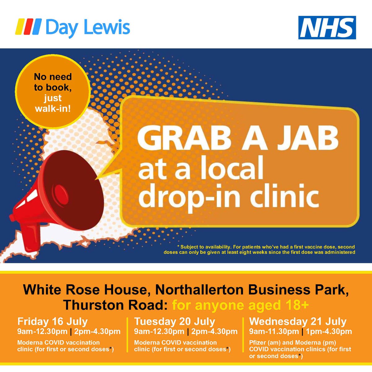 If you live in #Northallerton, are aged 18 and over and have not yet received your COVID-19 vaccination. There will be a number of #GrabAJab clinics at White Rose House and there is no appointment needed. More details are below ↘️
