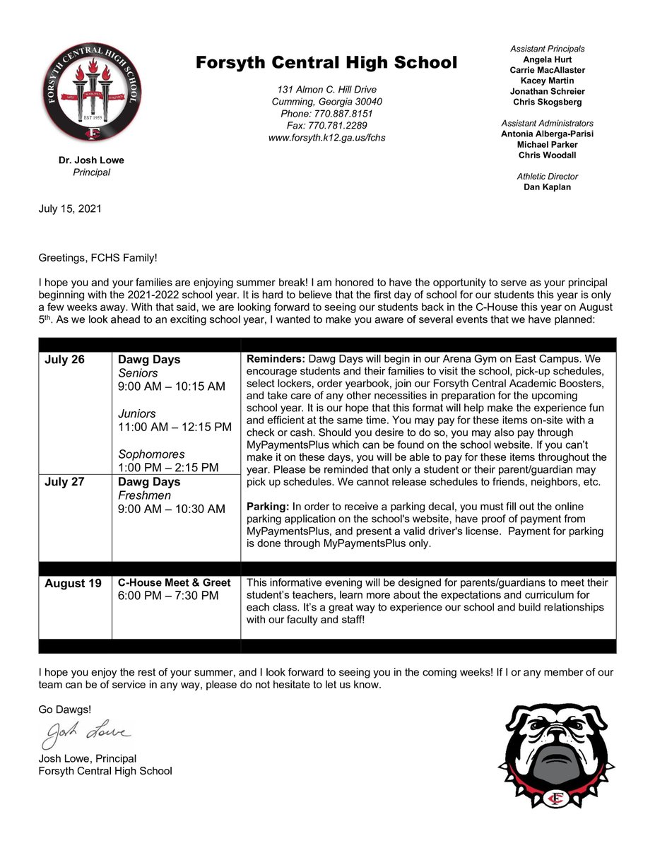 ForsythCHS's tweet photo. C-House Family and Friends, 

Please see the attached letter from our Principal, @DrJoshLowe regarding important dates as we prepare for the upcoming school year. We look forward to seeing everyone back at the C-House soon! #DawgDays #chousestrong #heartofforsyth https://t.co/9UpMb6t5pu