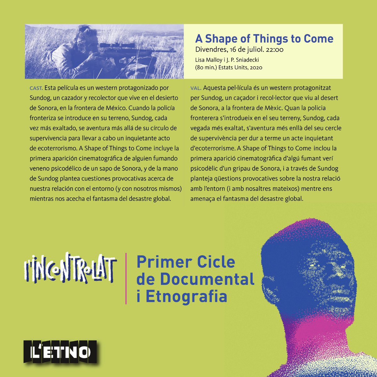 letnomuseu's tweet photo. 🎥 Demà divendres+cinema a la fresca en #LIncontrolat amb “A shape of thing to come” de Lisa Malloy i j.P. Sniadecki, un western que no vos deixarà indiferents.
📆 Divendres 16 de juliol a les 22 h.
➡️ Accés gratuït fins a completar l’aforament.
#LetnoPropDeTu #Letno https://t.co/ggGhFPqKLB