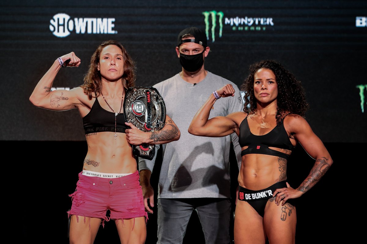 BellatorMMA's tweet photo. Who leaves The @MoheganSun as the flyweight world champion!? 

All fighters are weighed-in and ready to go LIVE on @SHOSports, Friday at 9PM ET/6PM PT. #Bellator262 https://t.co/iZhzw1YQVK