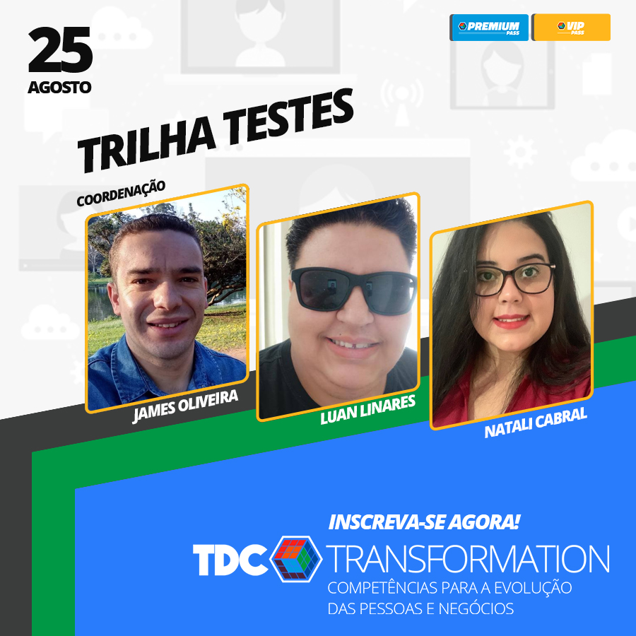 TheDevConf's tweet photo. O TDC TRANSFORMATION tá chegando!

Trilha TESTES
Venha entender o poder que a qualidade nos traz! ;)

Coordenação: James Oliveira,  @Naascabral95 e Luan Linares

Saiba mais e inscreva-se:
https://t.co/G07IElEtVe https://t.co/Ii2coQhi59