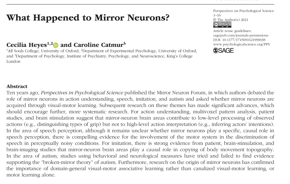 A long overdue thoughtful article on mirror neurons by <a href="/CeliaHeyes/">Cecilia Heyes</a> &amp; <a href="/drccatmur/">Caroline Catmur</a>
No, they aren't these magic neurons that explain everything. They contribute to low-level processing of observed actions but not directly to high-level action interpretation.
bit.ly/3eniG9M
