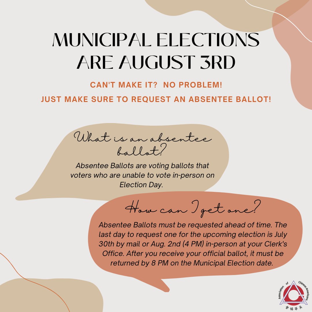 If you can’t make Municipal Election Day on August 3rd, no worries! Request an absentee ballot instead to vote earlier! If you plan on requesting one by mail, be sure to fill out and send the application by next week, July 30th!
#AbsenteeBallot #vote #MunicipalElection https://t.co/QbxtydUmm8