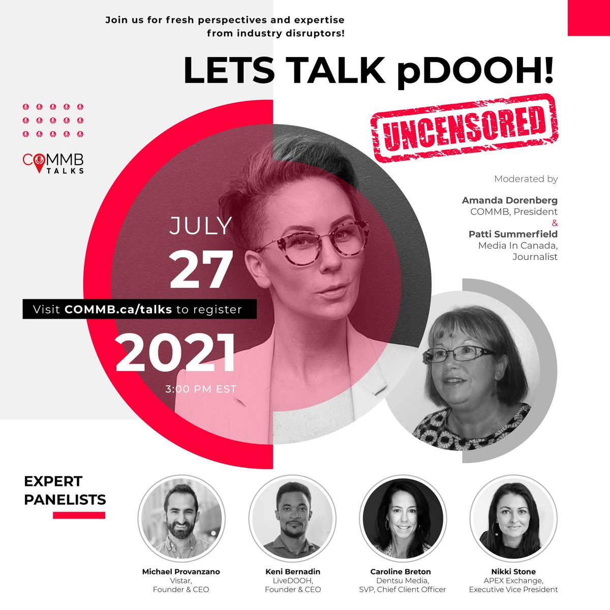 COMMBCA's tweet image. Mark your calendars. 🙌 On July 27, we’re talking #ProgrammaticDOOH! 

Our panellists from @vistarmedia, @livedoohsk, @PublicisGroupe (APEX Exchange), &amp;amp; @dentsuintl will discuss the latest #adtech insights, buying &amp;amp; selling, and more!

Register here: commb.ca/talks/