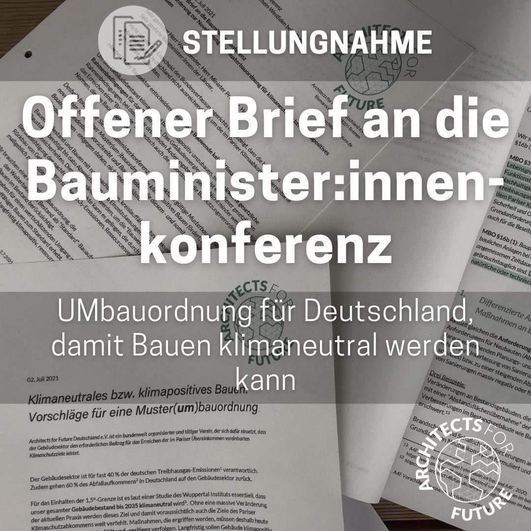 #A4F schlägt e #Umbauordnung vor:
Damit Bauen #klimaneutral wird!

Im Bausektor liegt e riesiger #Klimahebel. Dieser wird jedoch durch d aktuellen gesetzl Rahmenbedingungen stark gehemmt.

Deshalb haben wir Vorschläge erarbeitet und sie an die #Bauministerkonferenz verschickt.