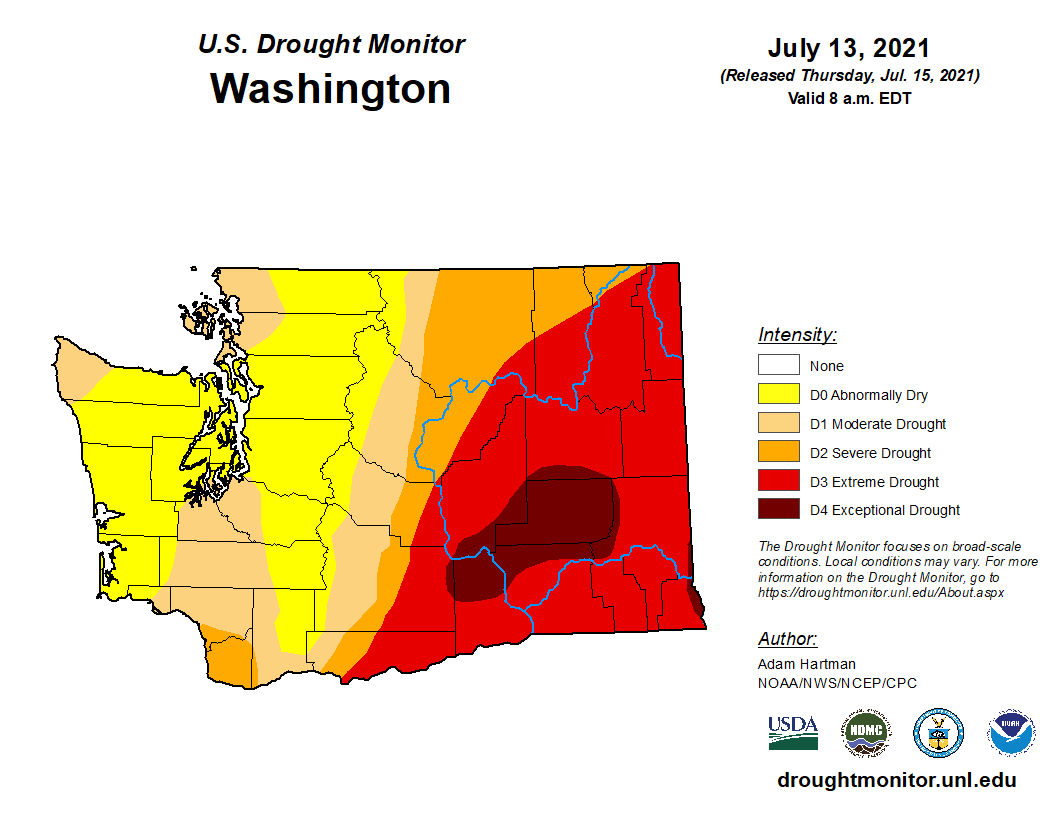 NWSSpokane's tweet photo. We now have areas of D4 (Exceptional) Drought within our forecast area. This is the first time that a portion of Washington has been under D4 Drought since the Drought Monitor began in 2000. #wawx #idwx https://t.co/XGFnS9fWVM