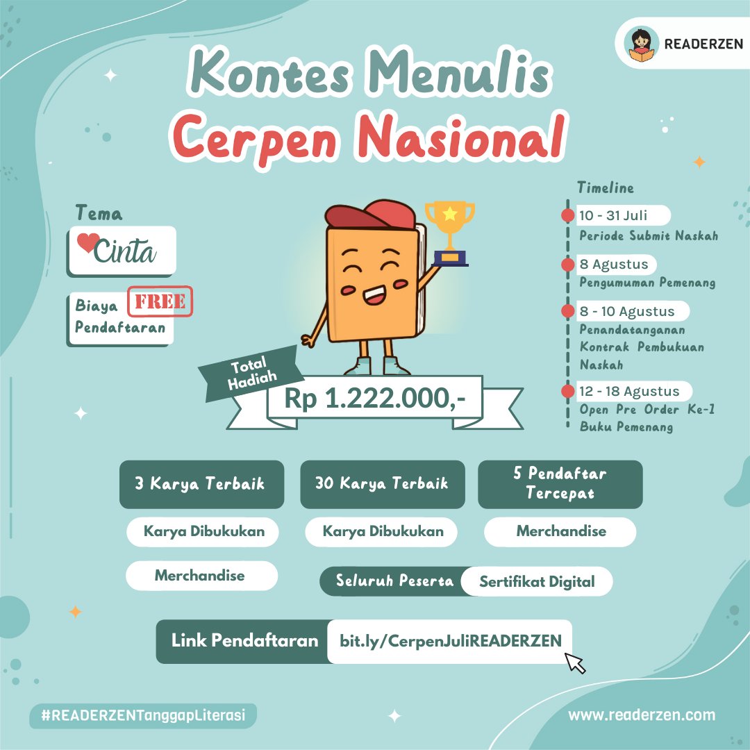readerzen's tweet photo. Punya naskah cerpen yang masih tersimpan? Pengen naskahmu diterbitkan secara gratis? Ayo ikutan kontes cerpen nasional dari READERZEN! GRATIS! Kamu berkesempatan juga mendapat merchandise dan sertifikat! Ayo segera submit naskahmu di https://t.co/JzDcnFtteC sebelum 31 Juli! https://t.co/mQ2makedDl