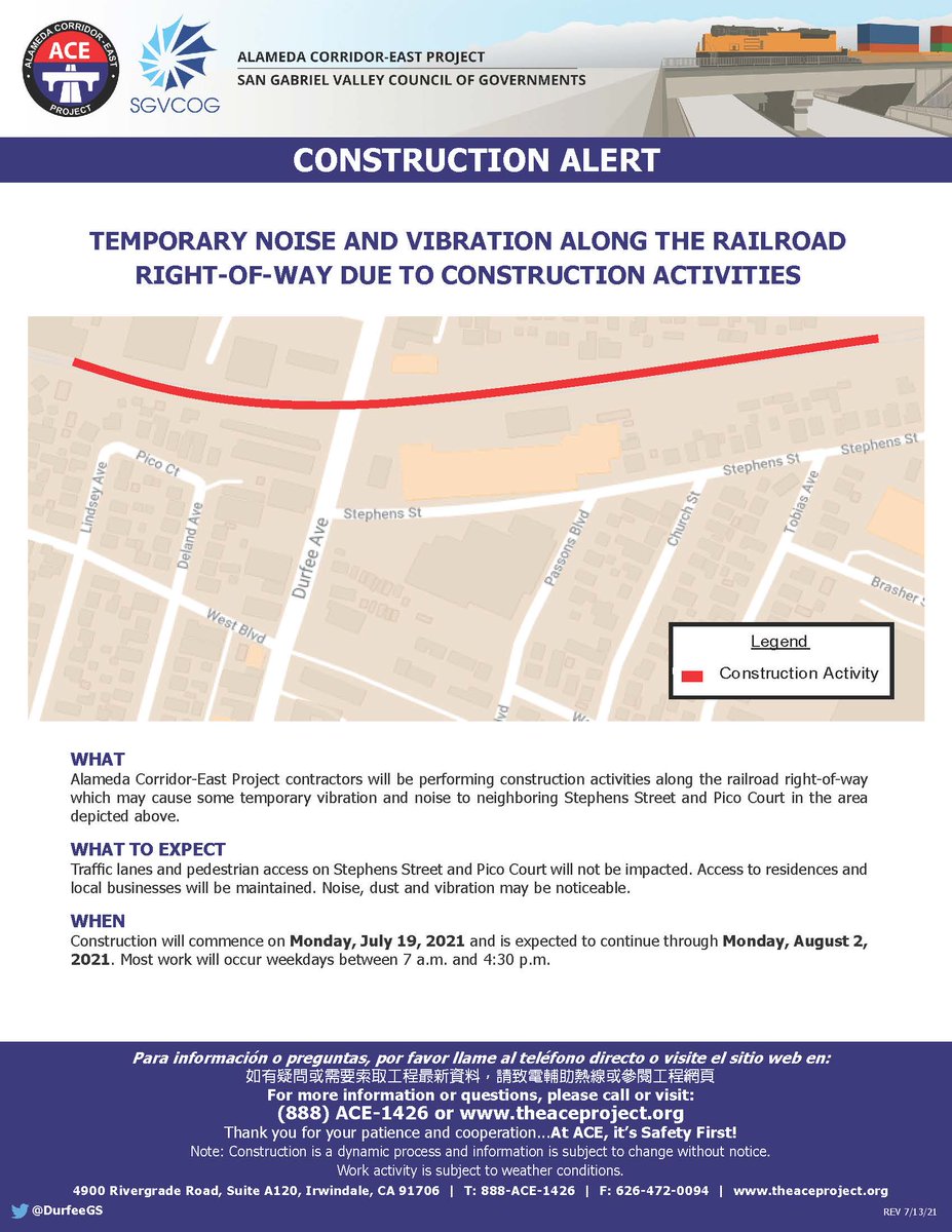 CONSTRUCTION ALERT: Residents on Stephens St and Pico Court may experience some temporary vibration and noise due to upcoming construction activities along the railroad right-of-way. Traffic lanes and pedestrian access will not be impacted. #PicoRivera