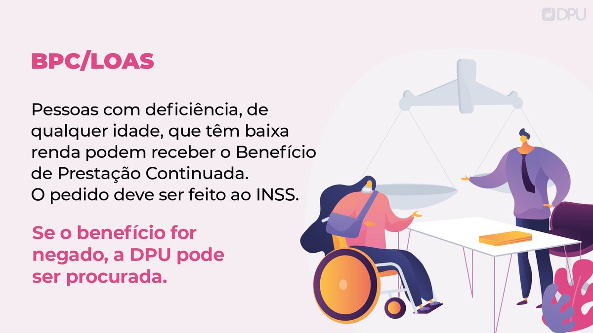 Em regra, a DPU presta assistência jurídica integral e gratuita às pessoas com renda familiar bruta que não ultrapasse o valor total de R$ 2.000,00. Para saber como a DPU atua, acesse  dpu.def.br. 

#DPU #justiça #direitos #defensoriapublica #BPC  #deficientes