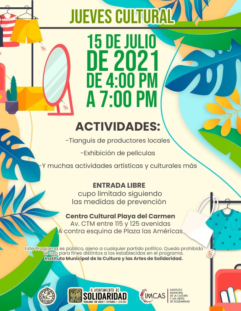 Hoy de 4 pm a 7 pm Jueves Cultural,  tianguis de productos locales, actividades artísticas y culturales y mucho más….

En el Centro Cultural #PlayadelCarmen, ubicado en Av. CTM entre 115 y 125 <a href="/CulturaSolidari/">Instituto Municipal de la Cultura y las Artes</a>