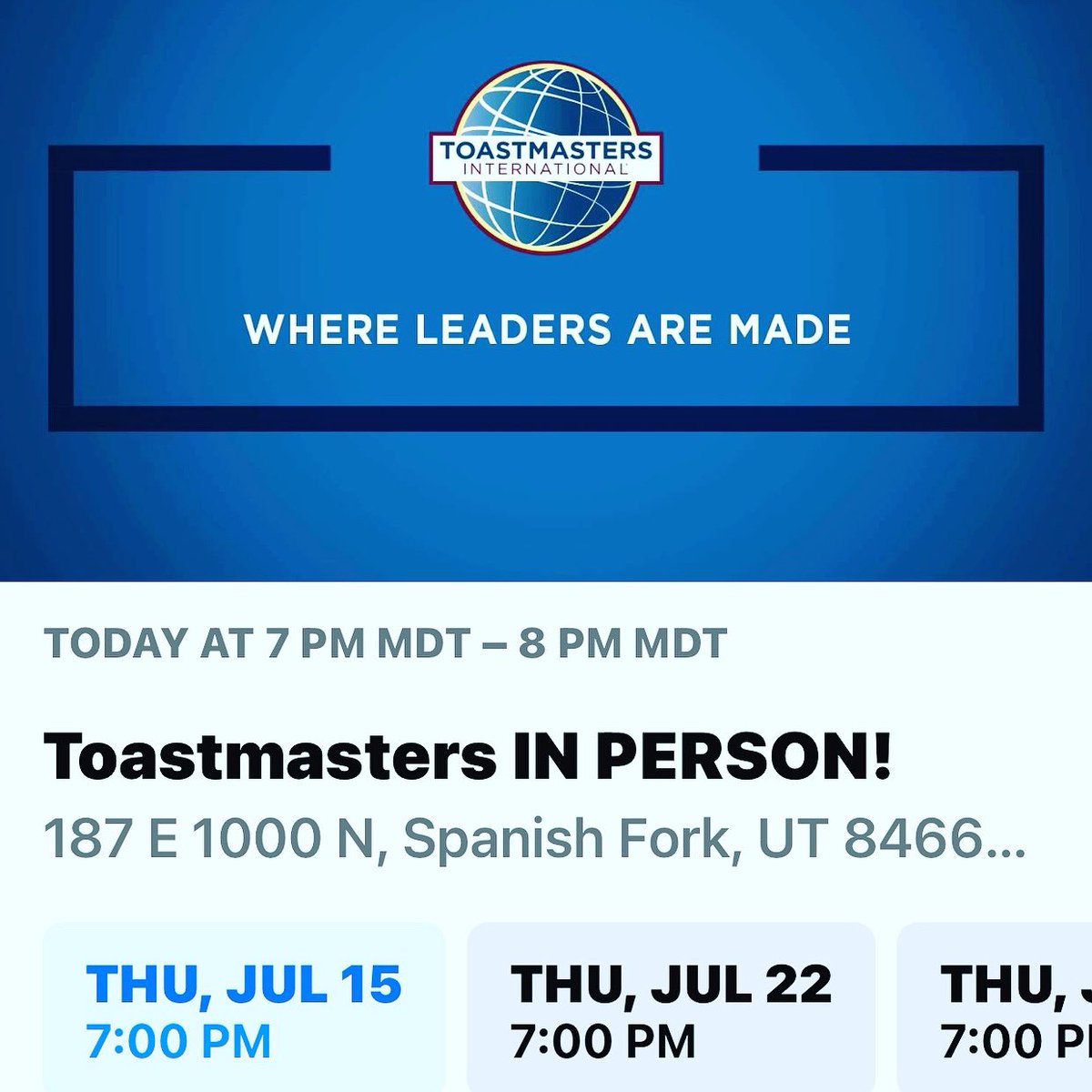 ArocaEric's tweet photo. Toastmasters IN PERSON! in Spanish Fork! I you are interested in improving your skill in public speaking here is your chance. TM is held every Thursday from 7-8pm. 

I will be speaking tonight, come and see what Toastmasters IN PERSON! Is all about. https://t.co/h5YlPCCKkO