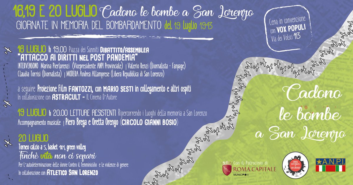 Cadono le bombe a #SanLorenzo
ricordiamo il #19luglio '43 con 3 giorni di iniziative
si parte domani h19,00 piazza dei Sanniti
ATTACCO AI DIRITTI NEL POST PANDEMIA 
con M.Pierlorenzi <a href="/clatorrisi/">claudia torrisi</a> <a href="/valeriorenzi/">valerio renzi</a> 
poi Cinema in piazza con Astracult 
fb.me/e/4wc8CmKiU