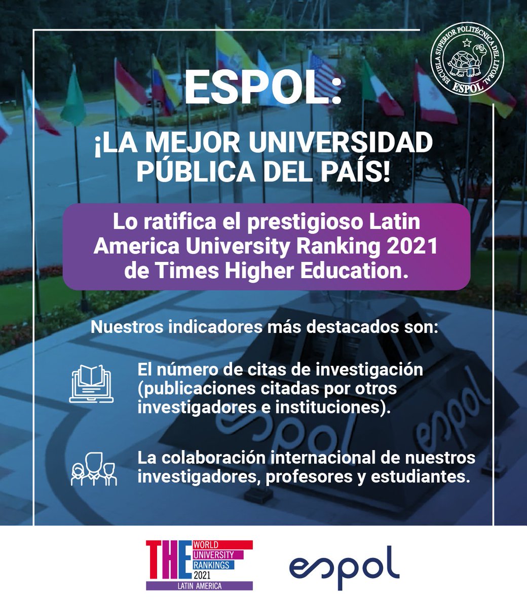 espol's tweet image. ESPOL es ratificada como la Universidad Pública #1 del país por el prestigioso Latin America University Ranking 2021 de Times Higher Education. Conoce aquí más sobre esta noticia que nos llena de #OrgulloPolitécnico 👉 bit.ly/rankingtheESPOL

#ADNESPOL