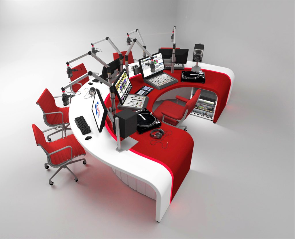 AKAdesignuk's tweet photo. Good to use some colour on this Radio desk concept design, for a new Middle East radio station. One of 8 to be constructed in formed corian, with @Yellowtec arms, equipment racking and mood lighting #radiodesk #studiofurniture #radioststion #radiolife #3drender #radioshow https://t.co/KDXyVXzT2o