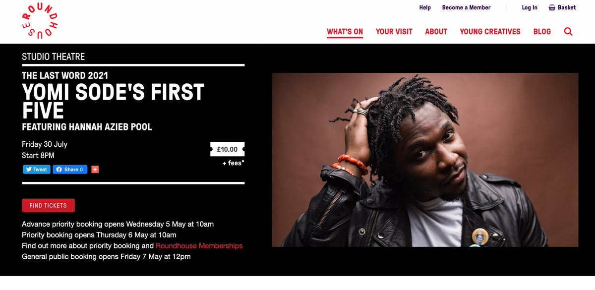 YomiSode's tweet photo. Our first (actual) #FirstfiveLIVE is happening at @RoundhouseLDN on July 30th, with the incredible @HannahPool! 

2 books 
2 songs 
1 inspirational person

Join us in conversation, banter and pure vibes. Big up 💫

Ticket link &amp; more info: https://t.co/WQEKOyYt3d https://t.co/Vv4BOwYMvg