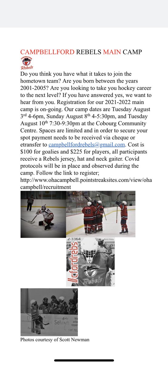 Campbellford Rebels (@cfordrebs) on Twitter photo Main camp has been set. Don’t miss your chance to lace them up with some on Trent Hills best. Follow the link or send an email to secure your spot along with payment. Exciting times ahead for Rebs nation. #playthePJHL <a href="/OHAhockey1/">Ontario Hockey Association</a> <a href="/PJHL_Tod/">PJHL Tod Division</a> <a href="/PJHL_Tod/">PJHL Tod Division</a> <a href="/north_news/">Northumberland News</a> <a href="/TrentHillsNewsA/">TrentHillsNewsAlert</a> Main camp has been set. Don’t miss your chance to lace them up with some on Trent Hills best. Follow the link or send an email to secure your spot along with payment. Exciting times ahead for Rebs nation. #playthePJHL <a href="/OHAhockey1/">Ontario Hockey Association</a> <a href="/PJHL_Tod/">PJHL Tod Division</a> <a href="/PJHL_Tod/">PJHL Tod Division</a> <a href="/north_news/">Northumberland News</a> <a href="/TrentHillsNewsA/">TrentHillsNewsAlert</a>