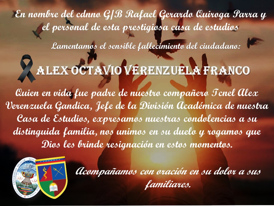 ammed_umbv_ve's tweet photo. #15Jul || Lamentamos la sensible pérdida del Sr Alex Verenzuela Franco, quien fue padre de nuestro compañero Tcnel Alex Verenzuela Gandica, jefe de la División de Académico, expresamos nuestras sinceras condolencias. Que Dios lo tenga en la gloria, que en paz descanse. https://t.co/XZ8CXMQn9h