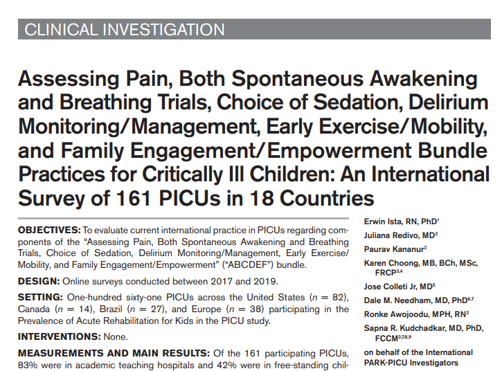 Hot off press <a href="/CritCareMed/">Critical Care Medicine</a>! 

#PedsICU #Pain #Sedation #ERT #Delirium #ICURehab #FamilyEngagement practices across the🌎 from Int'l #PARKPICU Collaborative. 

Making progress, but much work to do. #A2FBundle

How does your #PedsICU compare?

<a href="/e_ista/">Erwin Ista</a> et al: bit.ly/picuabcdefprac…