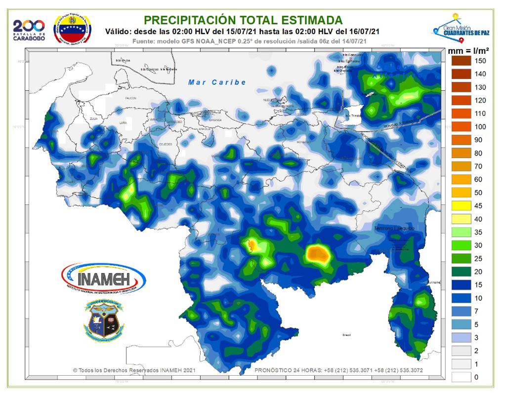 La Onda Tropical 21 se desplaza sobre el Oriente, propiciando lluvias en Nororiente, Nueva Esparta, Delta Amacuro y Norte de nuestro Esequibo. Se mantendrán altas temperaturas después del mediodía, cercanas a los 35°C, especialmente en Zulia, Falcón, Guárico, Anzoátegui y Sucre