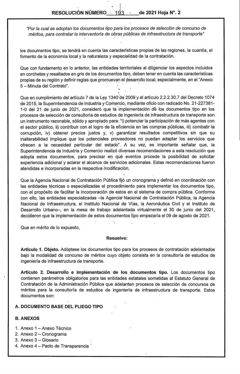 colombiacompra's tweet photo. #Atención 📣| Conoce la Resolución 193 de 2021 por medio de la cual se adoptan los #DocumentosTipo para los procesos de selección de concurso de méritos, para contratar la consultoría de estudios de ingeniería de infraestructura de transporte. 👇🏼

#Transparencia https://t.co/P2tnFFE8li