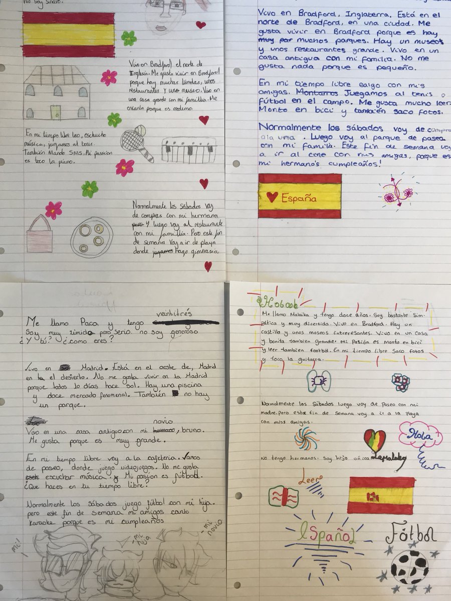 BVGALanguages's tweet photo. Mrs. Duffield is so proud of how much progress her year 7 have made this year. This is their writing about themselves, where they live and what they do in their free time We ❤️🇪🇸#bvgaexcellence https://t.co/t0vxumnSTk