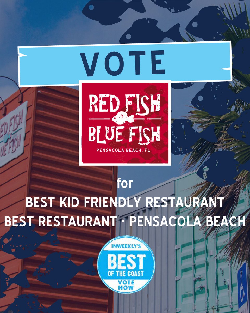 Tell Pensacola where the best restaurant on the beach is! Vote Red Fish Blue Fish for "Best Kid Friendly Restaurant" and "Best Restaurant - Pensacola Beach" on InWeekly's Best of the Coast ballot!

You can find the ballot right here: form.jotform.com/211797261602152