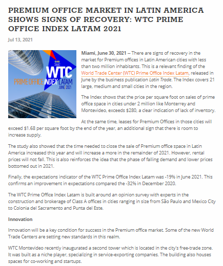 WTCA's tweet photo. The #WTC #PrimeOffice Index #LatAm 2021 shows that "the price per sq ft on sales of prime office space in cities w/ under 2 million inhabitants exceed $280, an indication of lack of inventory." The index has been published in @AP & @YahooFinance -- https://t.co/H2ZhlUVSeh #WTCA https://t.co/g9FfM6riXk