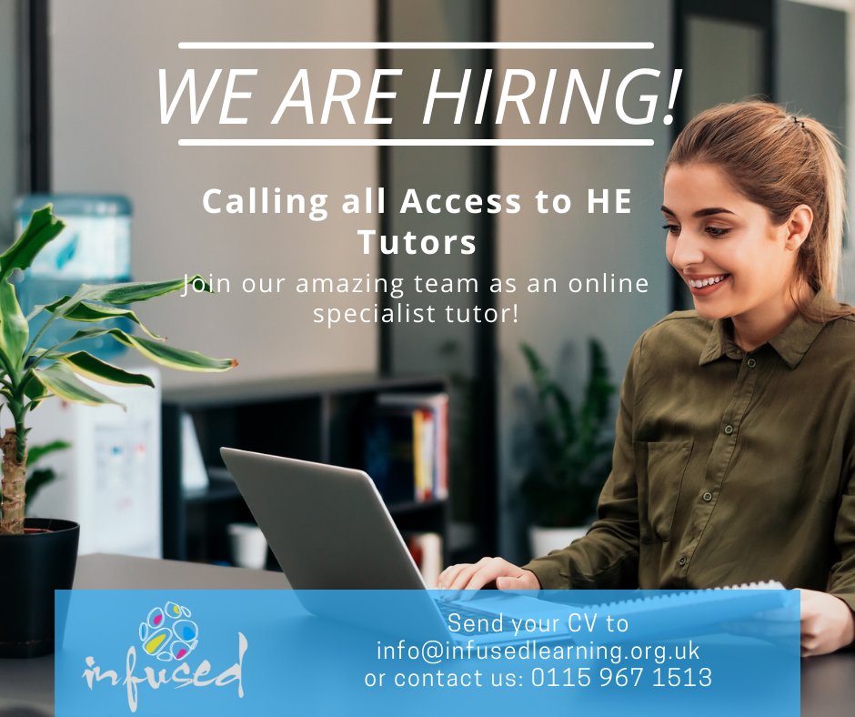 InfusedLearn's tweet photo. We are looking for qualified lecturers to deliver our Level 3 Access to Higher Education Diplomas in a range of subjects. With flexible working hours and an opportunity to join a multi-award-winning provision, email us your CV now! #accounting #history #socialscience #Nursing https://t.co/DLesKI0iaA