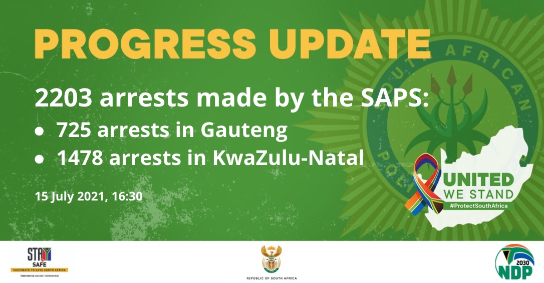 PresidencyZA's tweet photo. Progress Update: Arrests have been made. Arrests continue to be made. Justice will be served.
#ProtectSouthAfrica https://t.co/KRALbBUF7X