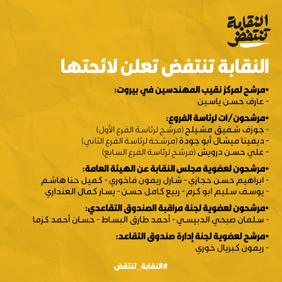 naqabatantafid's tweet photo. #النقابة_تنتفض تعلن لائحتها للمرحلة الثانية من #انتخابات_نقابة_المهندسين في ١٨ تموز. 
للمزيد من المعلومات حول المرشحين/ات ⬅️ https://t.co/le4ATA3XQF https://t.co/Q7Ll1Ho4WO