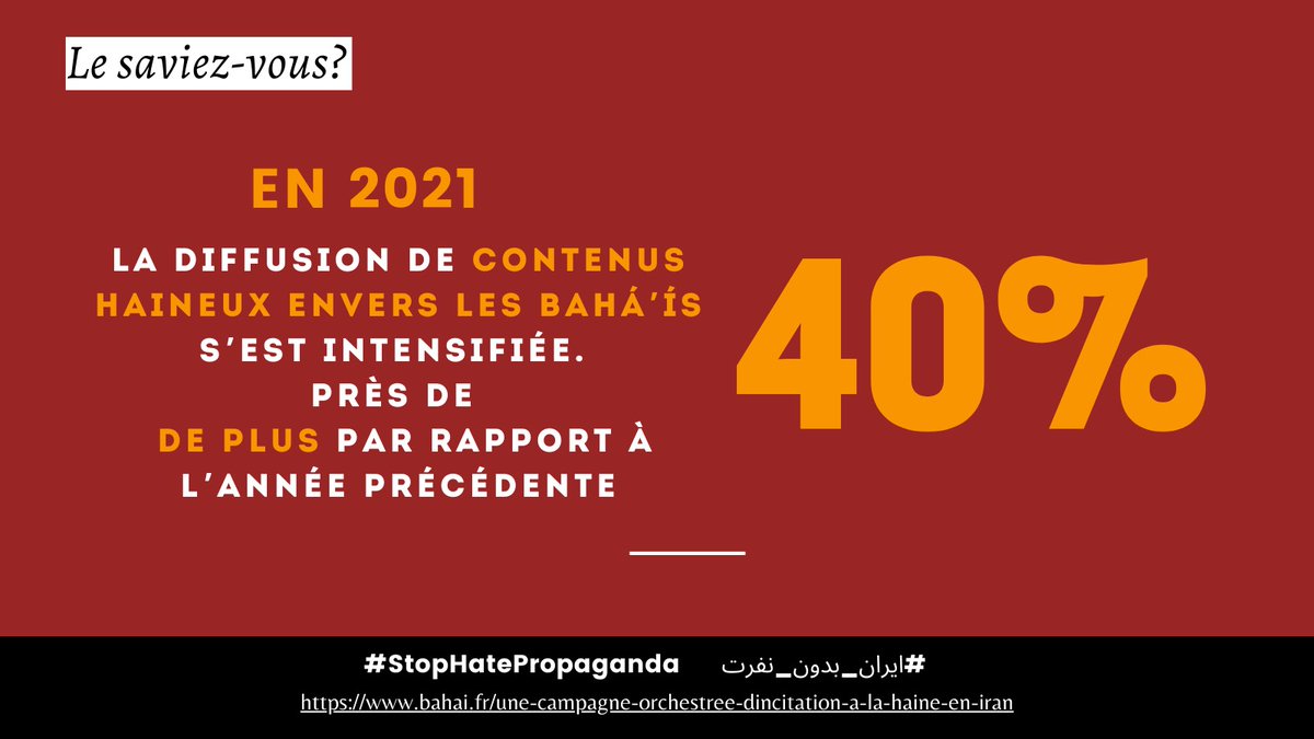 bahaisdefrance's tweet photo. La foi bahá’íe est attaquée systématiquement à partir de centaines de sites Web et de dizaines de comptes de médias sociaux en #Iran. Depuis 2017, plus de 33  000 éléments de contenu ont été publiés ou diffusés contre les bahá’ís. #stophatepropaganda   #ایران_بدون_نفرت https://t.co/aNpzWa1Iq8