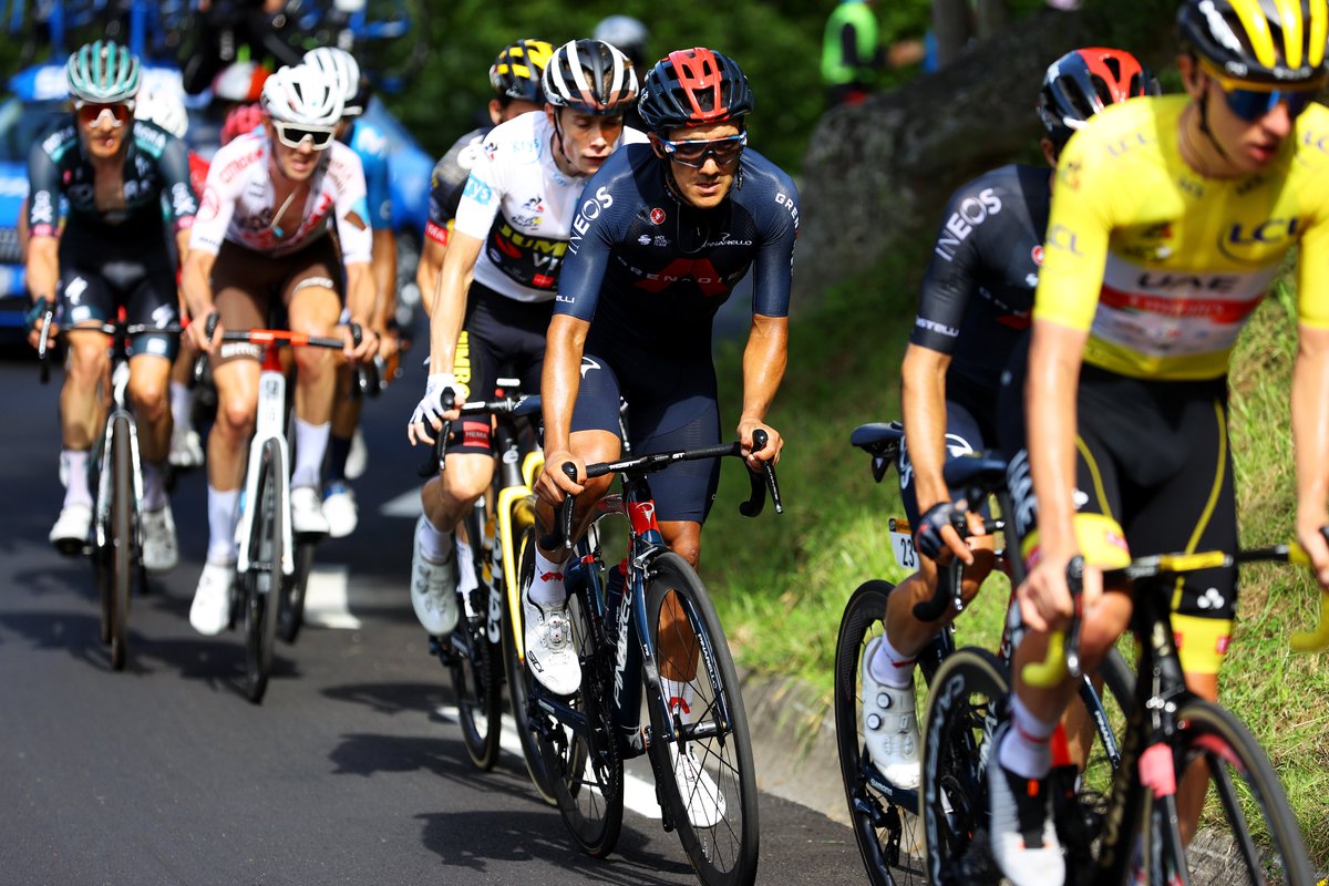 NetcompanyINEOS's tweet photo. Strong and consistent riding from @RichardCarapazM sees him finish third on stage 18 at #TDF2021.

He significantly strengthens his podium position heading into the final few days. Great work from the team today in the Pyrenees. https://t.co/ATi3kn2Szo