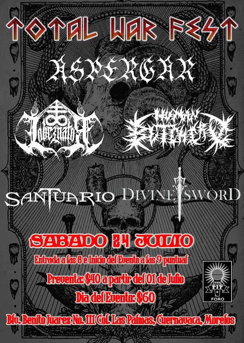 BBeat105's tweet photo. 24 julio #TotalWarFest Aspergar en #PitCuerna
24 julio #BackToMetalLife Korribann en el #BarBerlin
31 julio #ImpulsoALaMuerte Blackthorn, Raped God 666 https://t.co/ozPPxHTg7o