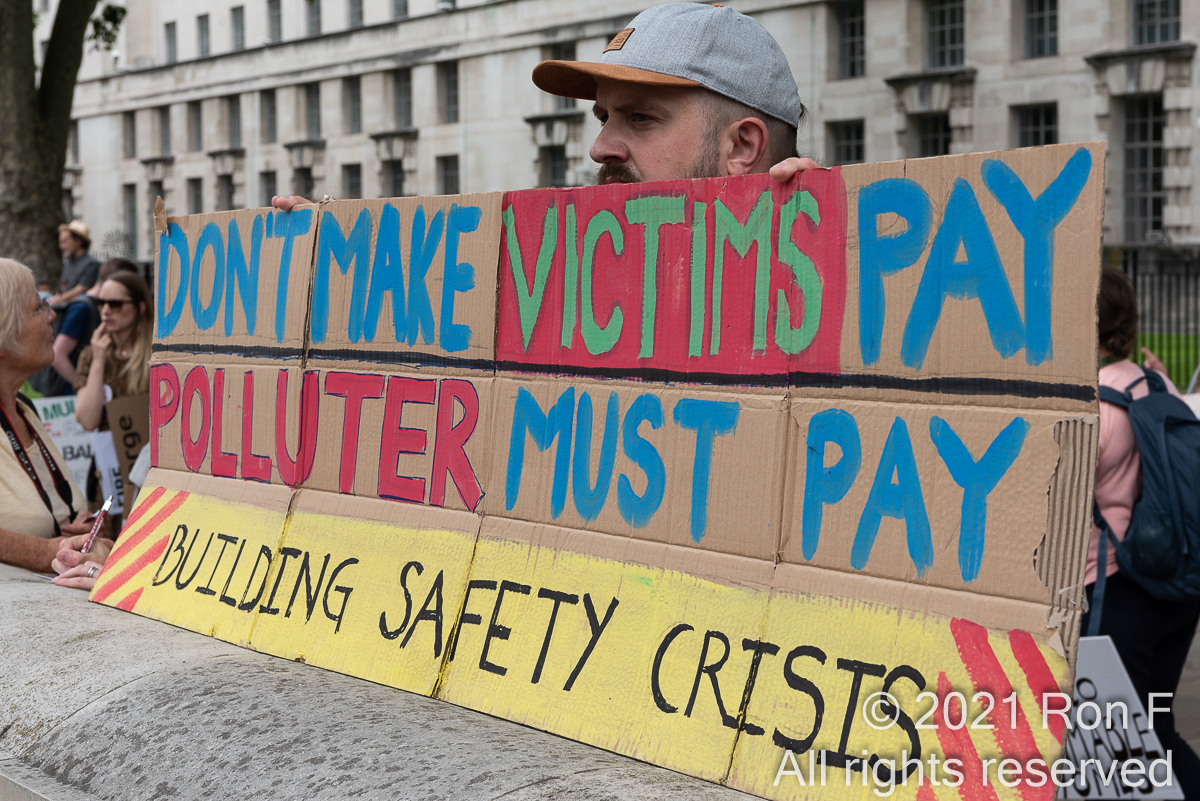 IMAGES: Action for Fire Safety Justice demo, London, 15/7/21. Leaseholders &amp; tenants rally against a #BuildingSafetyCrisis which sees cladding of the type used at #Grenfell still in situ, with removal costs often shifted from developers to occupiers. #EndOurCladdingScandal