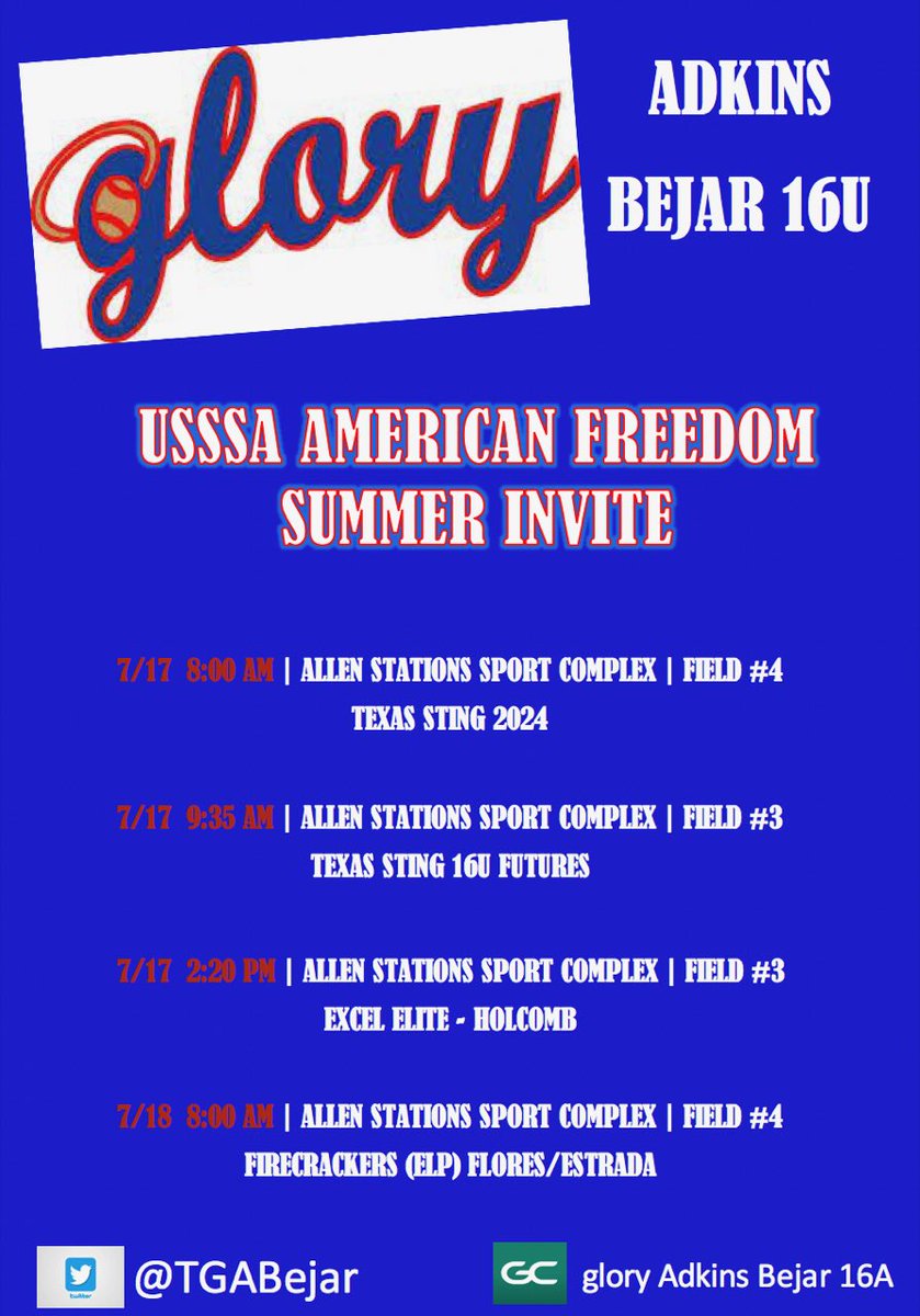 Our schedule this w-end! #halosup #rippleeffect <a href="/texasgloryadkin/">Glory Adkins Softball</a> <a href="/ImpactRetweets/">Impact Promotions</a> @StriveSoftball <a href="/IHartFastpitch/">I❤️Fastpitch</a> <a href="/DFWfastpitch/">DFW Fastpitch</a> 
📍Allen Stations Sports Complex - Allen, TX