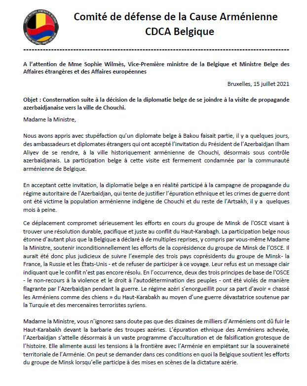 CDCAbelgium's tweet photo. Nous avons envoyé une lettre ouverte à @Sophie_Wilmes, Ministre Belge des Affaires étrangères @BelgiumMFA, faisant part de notre consternation suite à la décision de la diplomatie belge de se joindre à la visite de propagande azerbaidjanaise vers la ville occupée de Chouchi. https://t.co/acOF8MWESr
